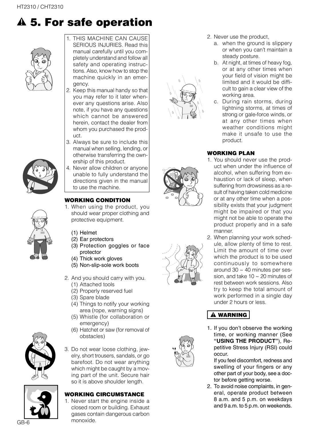 Zenoah CHT2310 owner manual For safe operation, Working Condition, Working Circumstance, Working Plan 