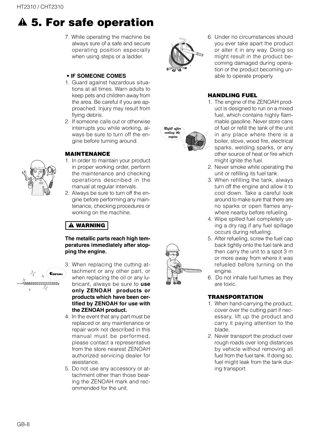 Zenoah CHT2310 owner manual If Someone Comes, Maintenance, Handling Fuel, Transportation 