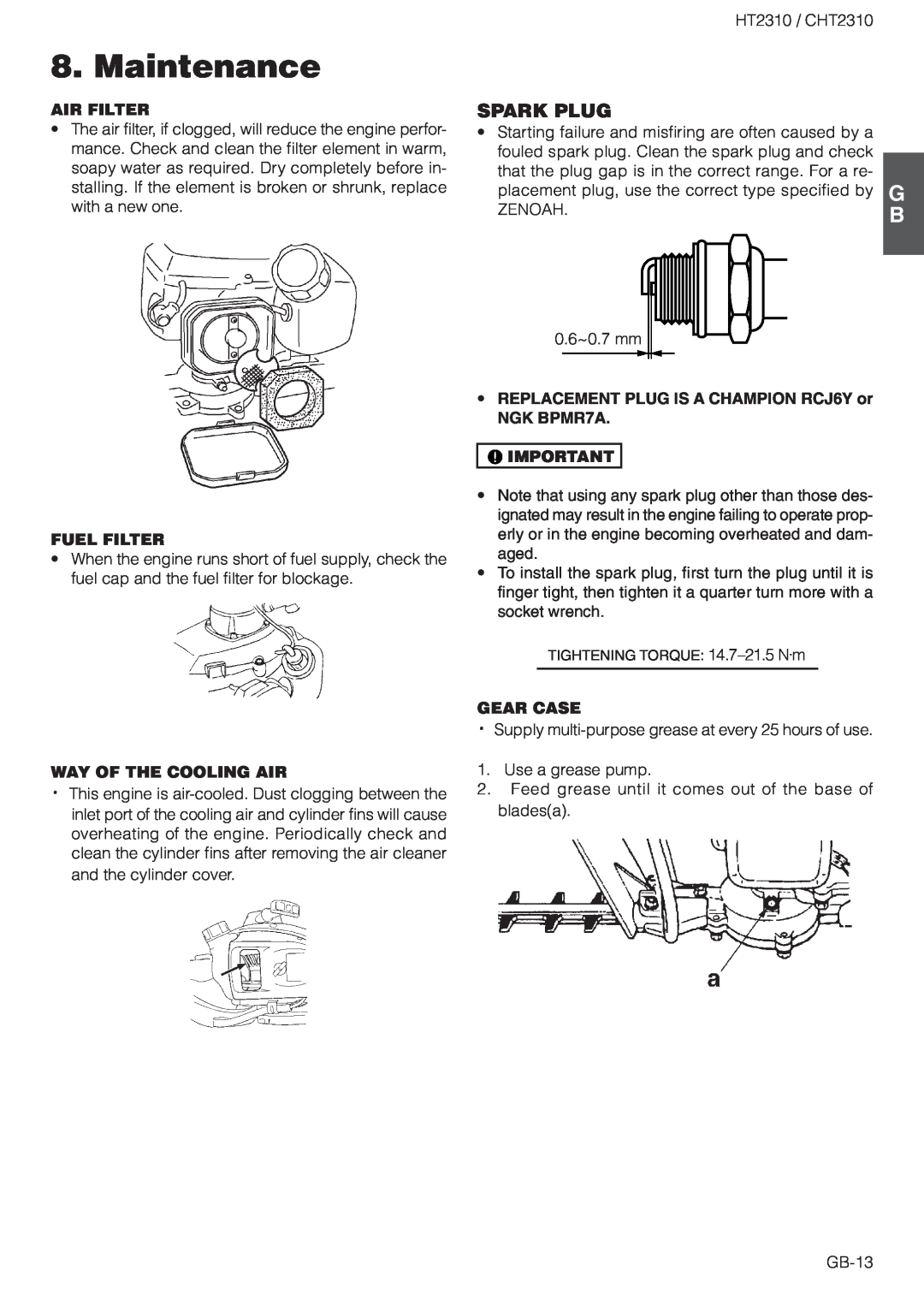 Zenoah CHT2310 owner manual Spark Plug, Air Filter, Fuel Filter, Way Of The Cooling Air, Gear Case, Maintenance 
