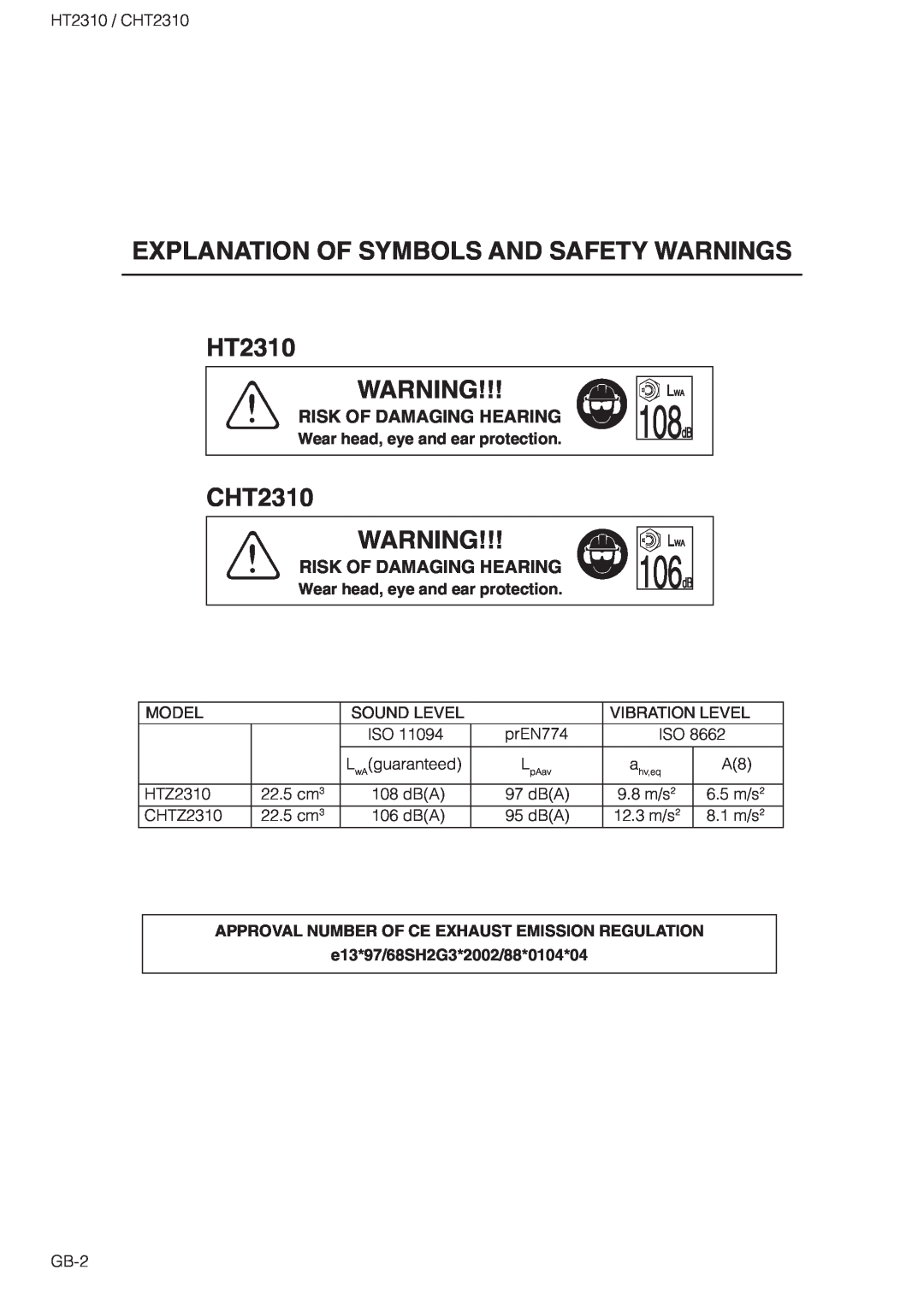 Zenoah owner manual Risk Of Damaging Hearing, Wear head, eye and ear protection, e13*97/68SH2G3*2002/88*0104*04, CHT2310 