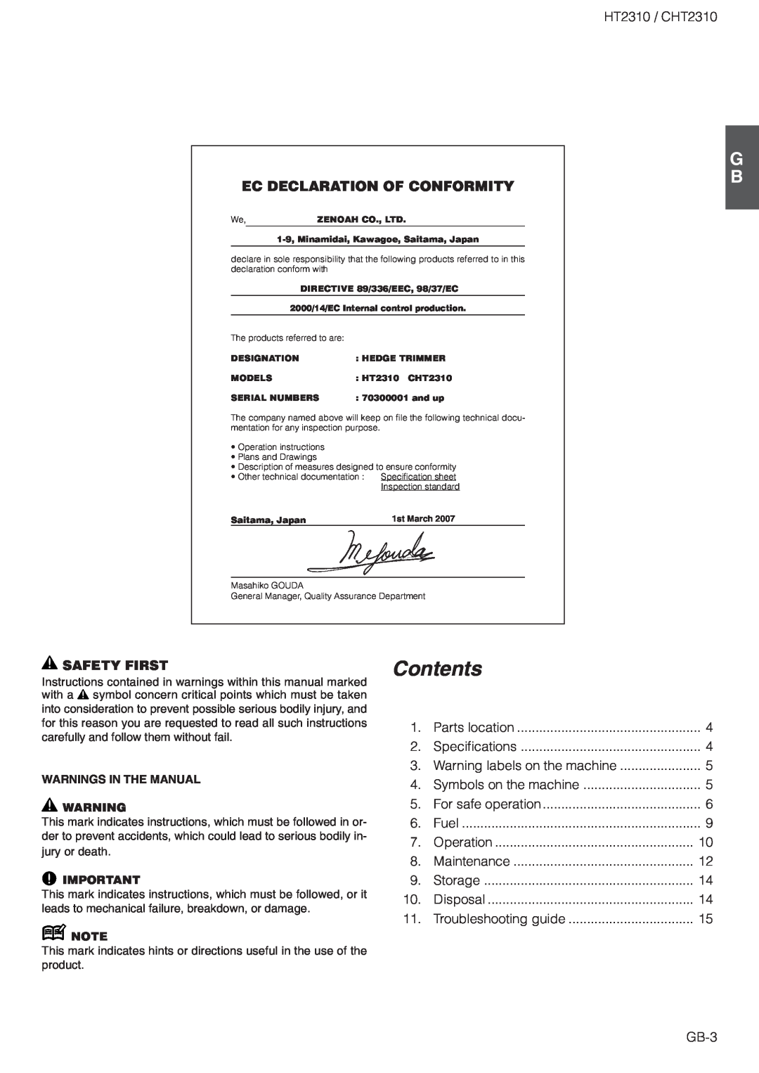 Zenoah CHT2310 owner manual Ec Declaration Of Conformity, Safety First, Contents 