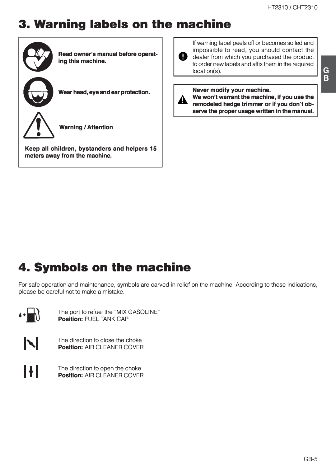 Zenoah CHT2310 Warning labels on the machine, Symbols on the machine, Read owner’s manual before operat- ing this machine 
