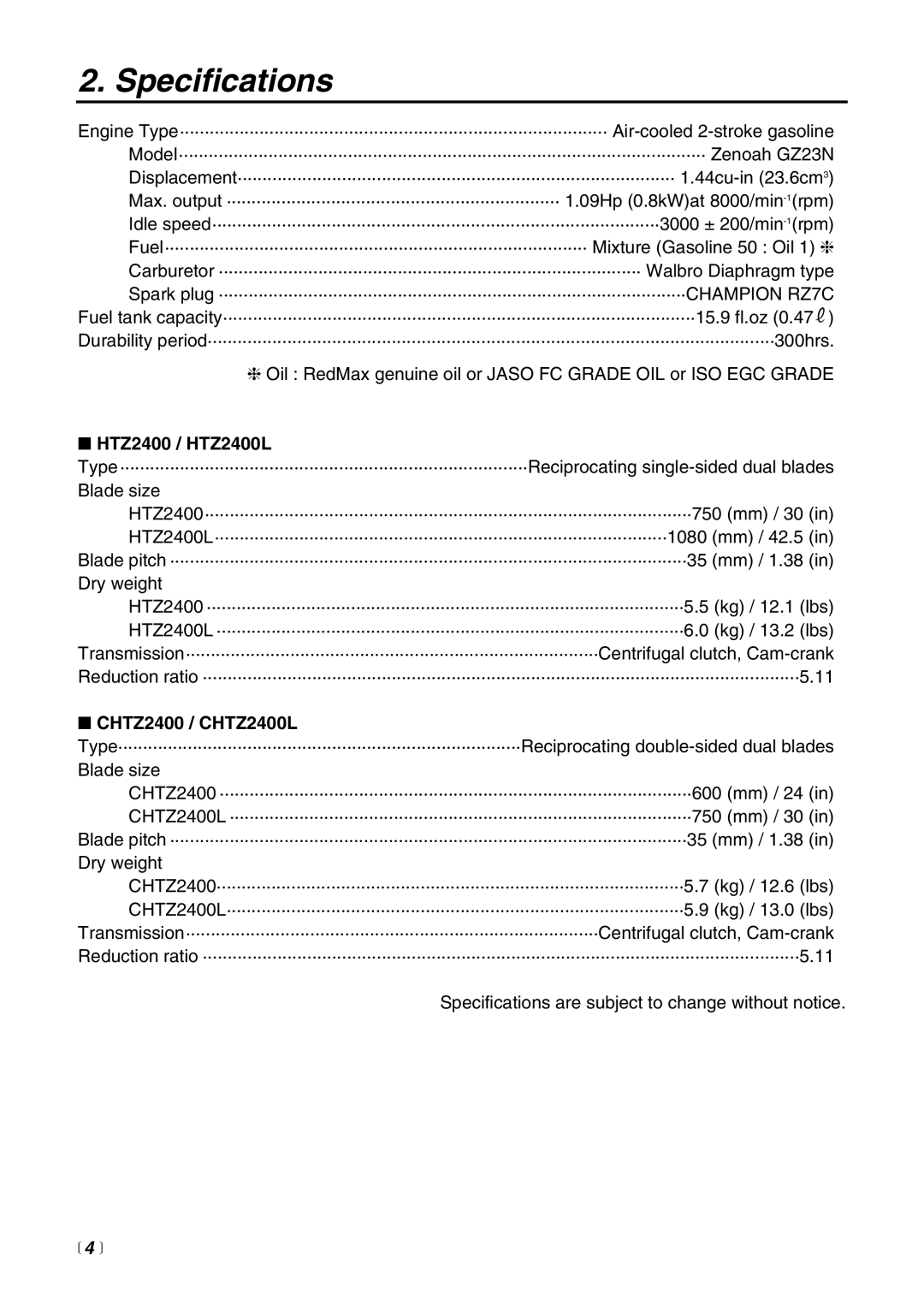 Zenoah CHTZ2400 manual Specifications, HTZ2400 / HTZ2400L,  4  