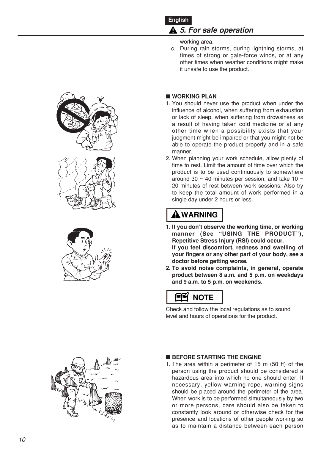 Zenoah HTZ2401, HTZ2401L, CHTZ2401, CHTZ2401L manual Working Plan, Before Starting the Engine 