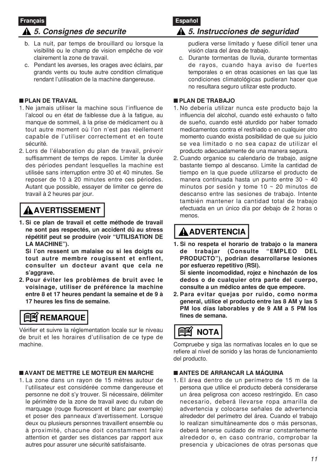 Zenoah CHTZ2401, CHTZ2401L, HTZ2401, HTZ2401L manual Plan DE Travail, Avant DE Mettre LE Moteur EN Marche, Plan DE Trabajo 