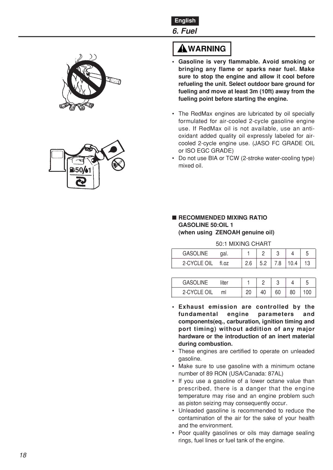 Zenoah HTZ2401, HTZ2401L, CHTZ2401, CHTZ2401L Fuel, Recommended Mixing Ratio Gasoline 50OIL, When using Zenoah genuine oil 