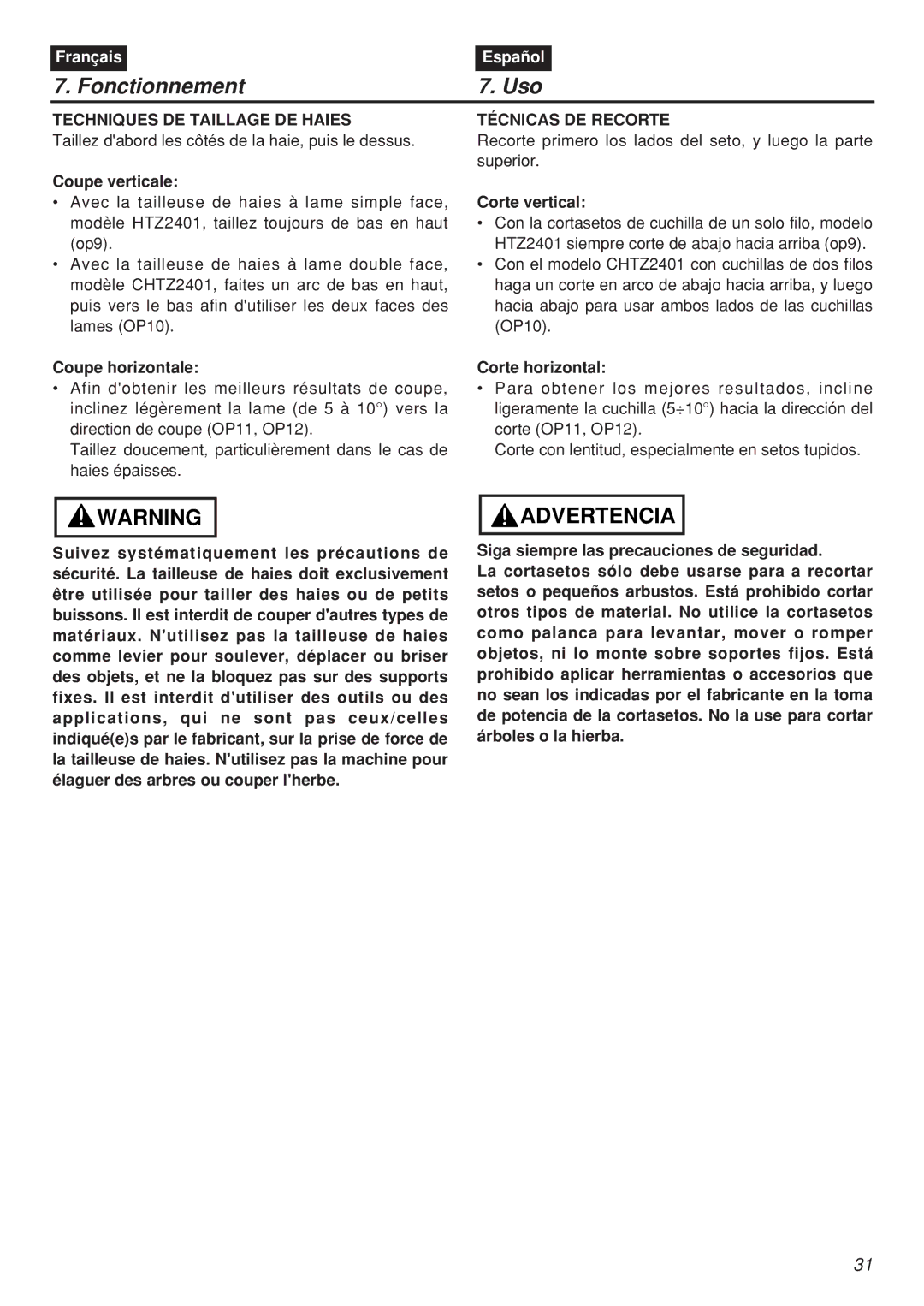 Zenoah CHTZ2401, CHTZ2401L, HTZ2401, HTZ2401L manual Techniques DE Taillage DE Haies, Técnicas DE Recorte 