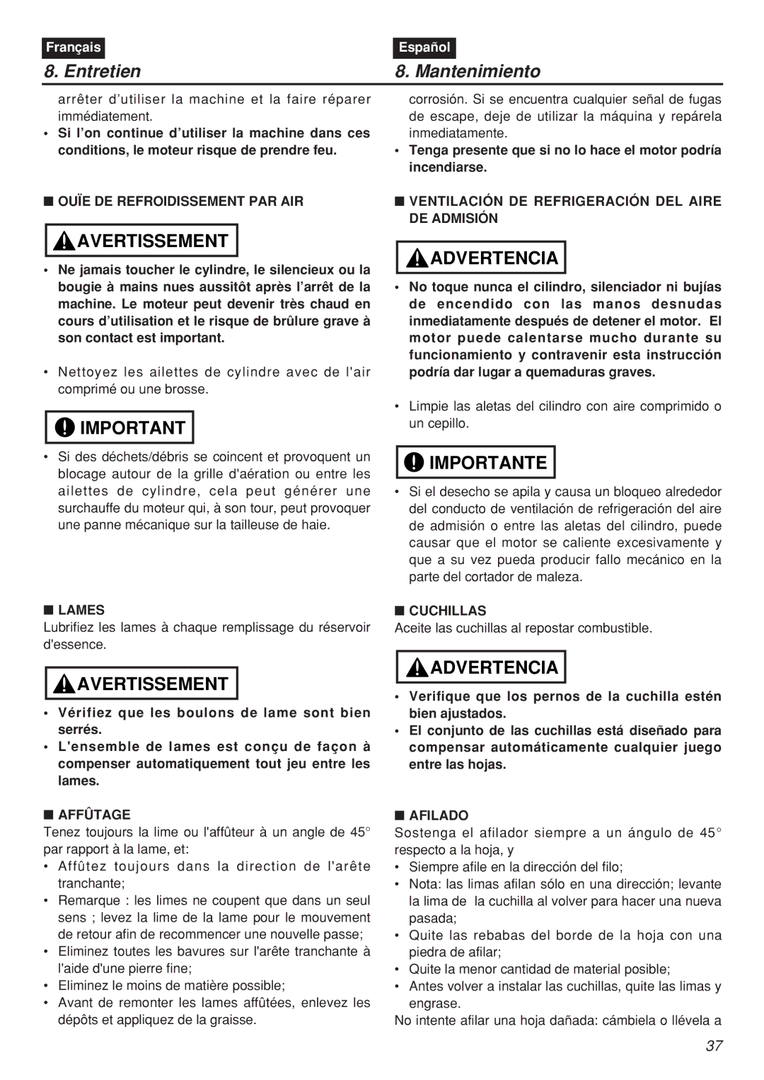 Zenoah CHTZ2401, CHTZ2401L, HTZ2401, HTZ2401L manual Ouïe DE Refroidissement PAR AIR, Lames, Affûtage, Cuchillas, Afilado 