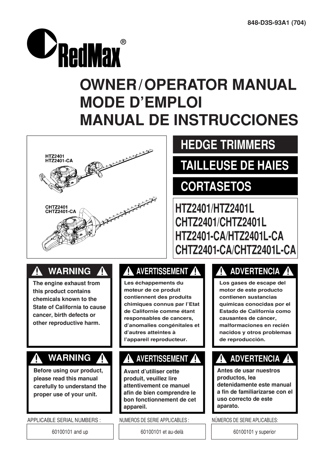 Zenoah CHTZ2401L-CA, CHTZ2401-CA manual OWNER/OPERATOR Manual Mode D’EMPLOI Manual DE Instrucciones 