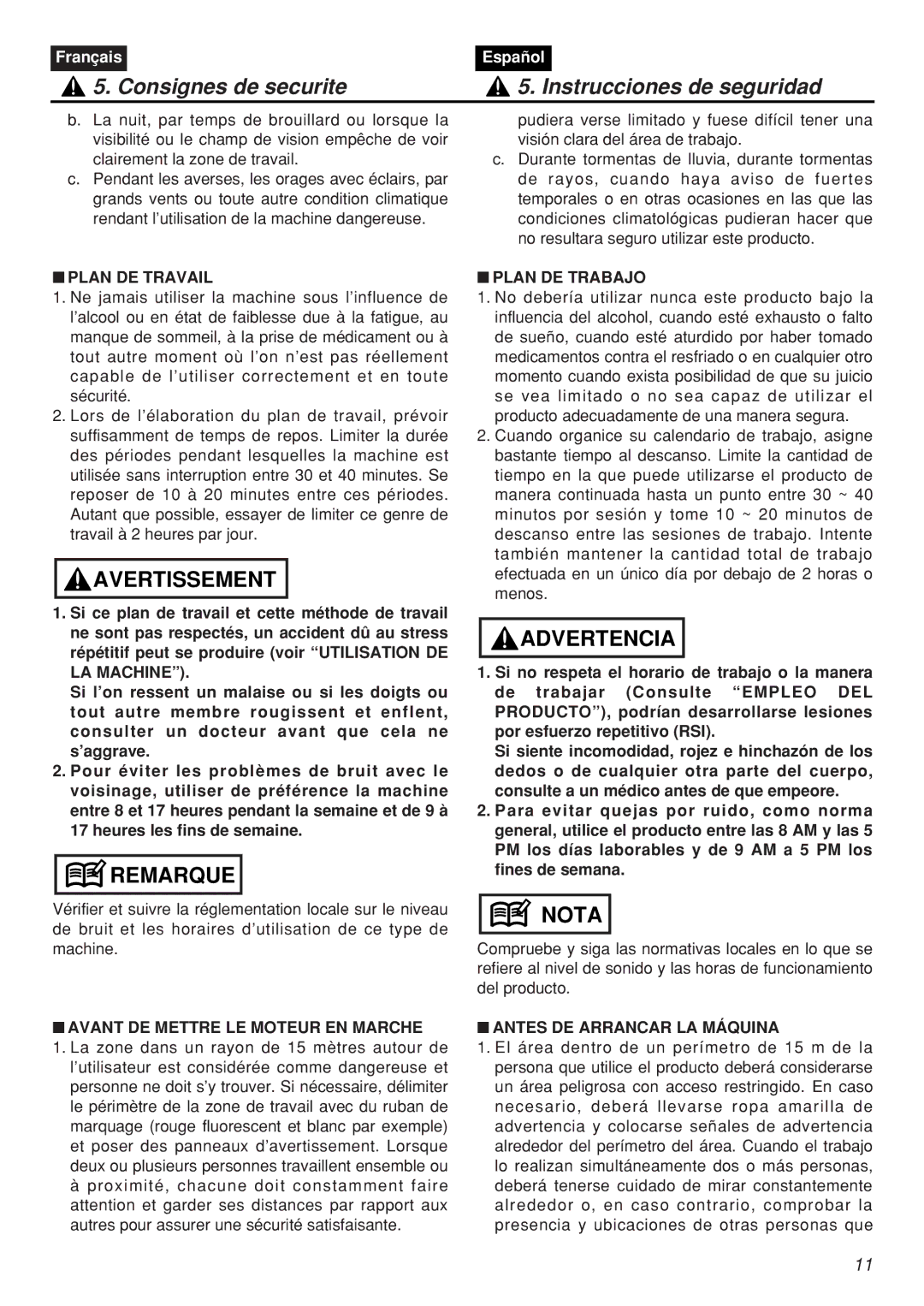 Zenoah CHTZ2401-CA Plan DE Travail, Avant DE Mettre LE Moteur EN Marche, Plan DE Trabajo, Antes DE Arrancar LA Máquina 