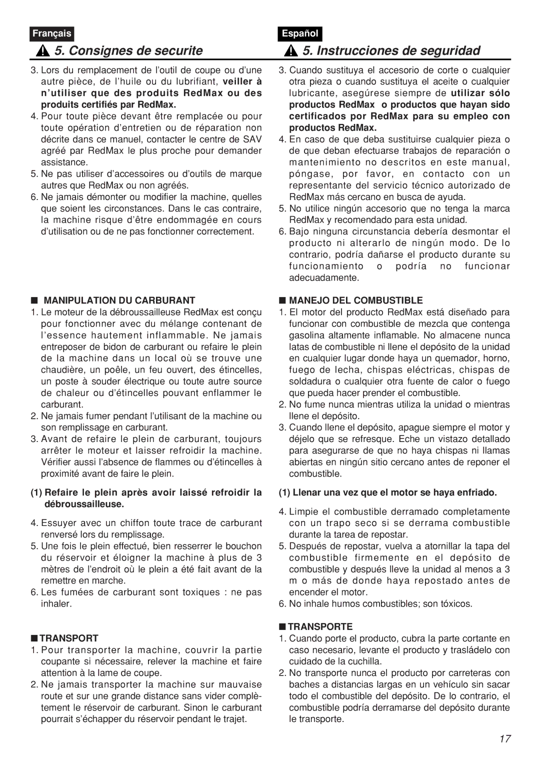 Zenoah CHTZ2401-CA, CHTZ2401L-CA manual Manipulation DU Carburant Manejo DEL Combustible, Transporte 