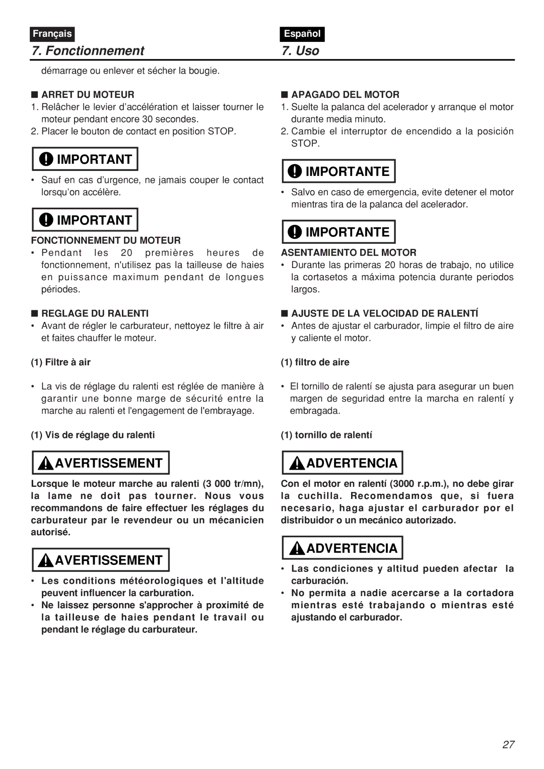 Zenoah HTZ2401L-CA Arret DU Moteur Apagado DEL Motor, Fonctionnement DU Moteur, Reglage DU Ralenti, Asentamiento DEL Motor 