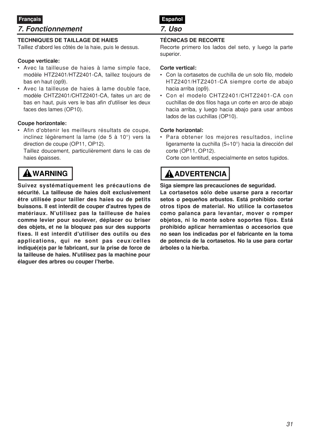 Zenoah CHTZ2401L-CA, CHTZ2401-CA manual Techniques DE Taillage DE Haies, Técnicas DE Recorte 