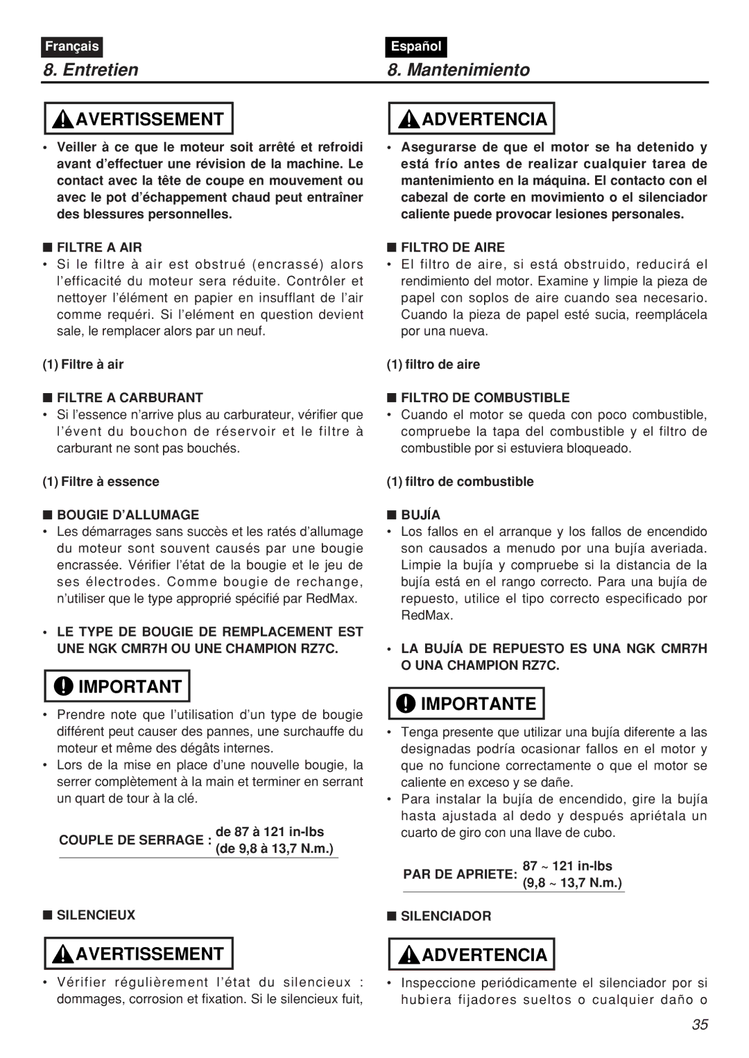 Zenoah CHTZ2401-CA manual Filtre a AIR, Filtro DE Aire, Filtre a Carburant Filtro DE Combustible, Bougie D’ALLUMAGE Bujía 