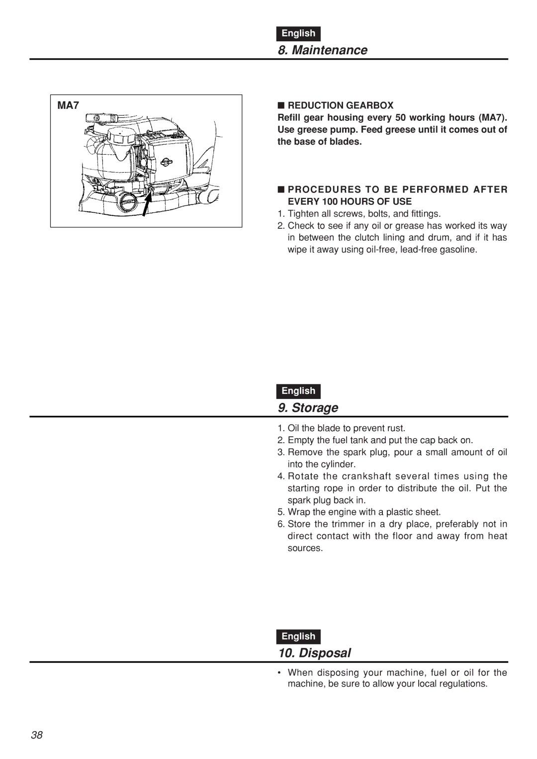 Zenoah CHTZ2401-CA manual Storage, Disposal, Reduction Gearbox, Procedures to be Performed After Every 100 Hours of USE 