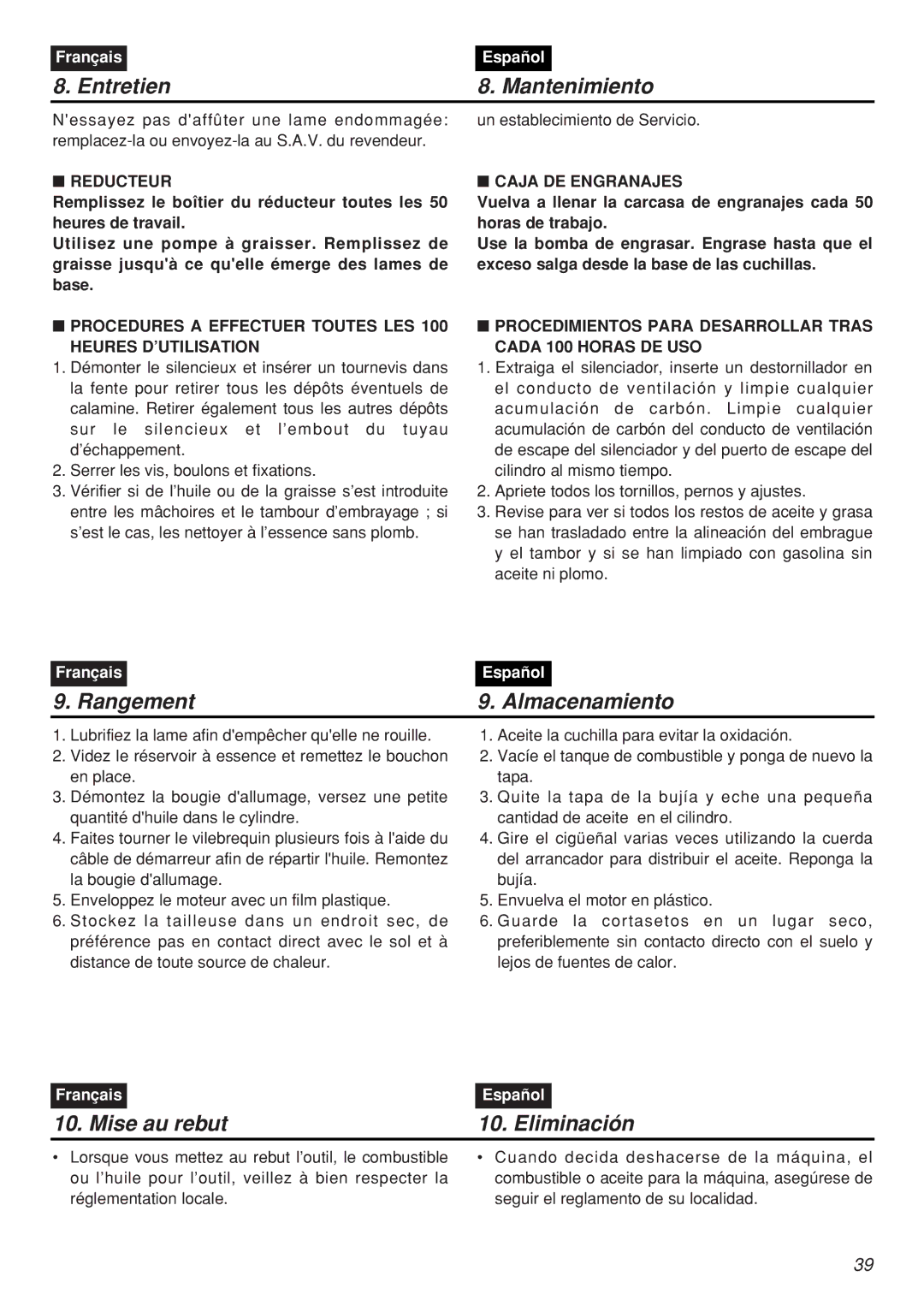 Zenoah CHTZ2401L-CA, CHTZ2401-CA Reducteur, Procedures a Effectuer Toutes LES Heures D’UTILISATION, Caja DE Engranajes 