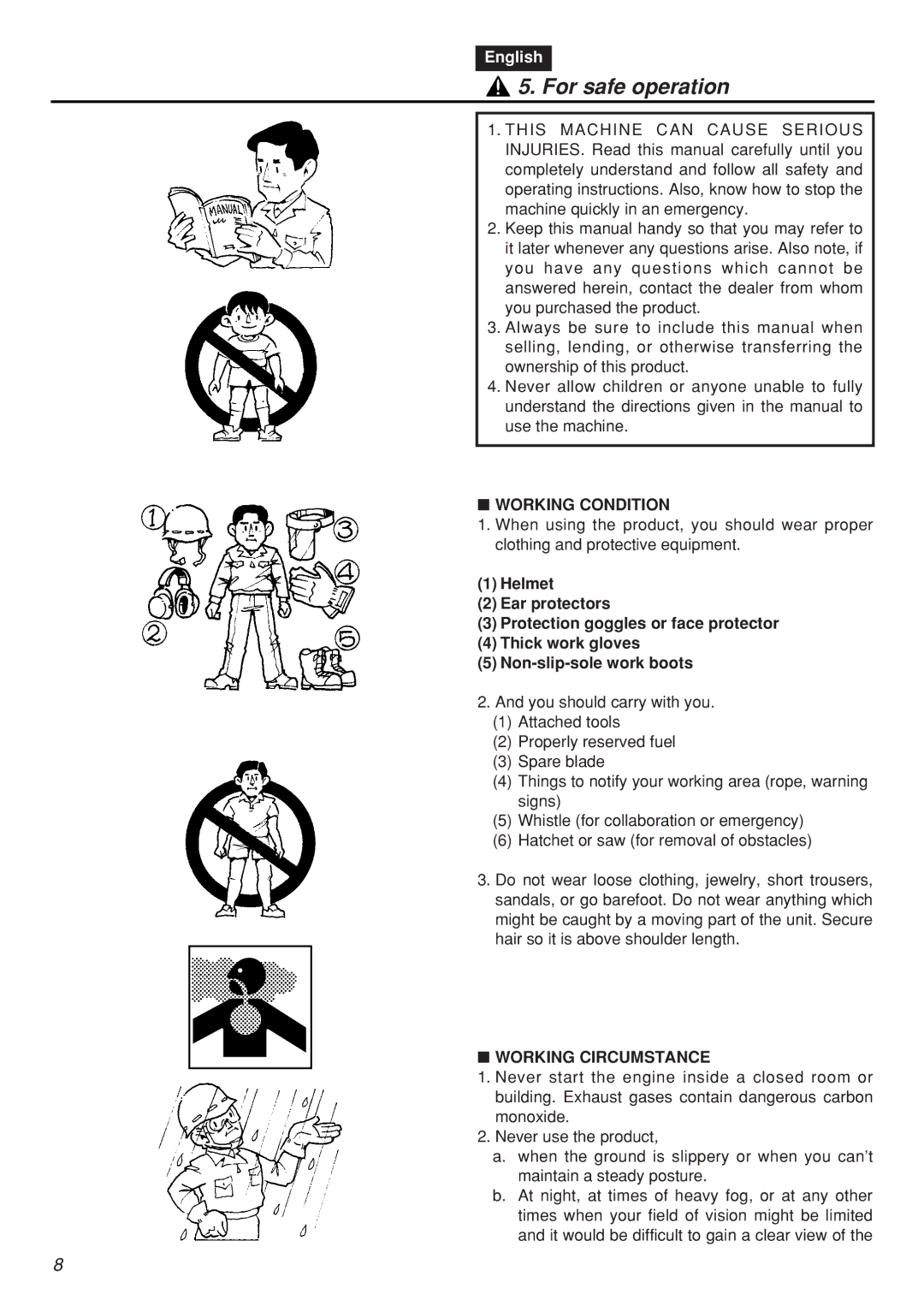 Zenoah CHTZ2401-CA, CHTZ2401L-CA manual For safe operation, Working Condition, Working Circumstance 