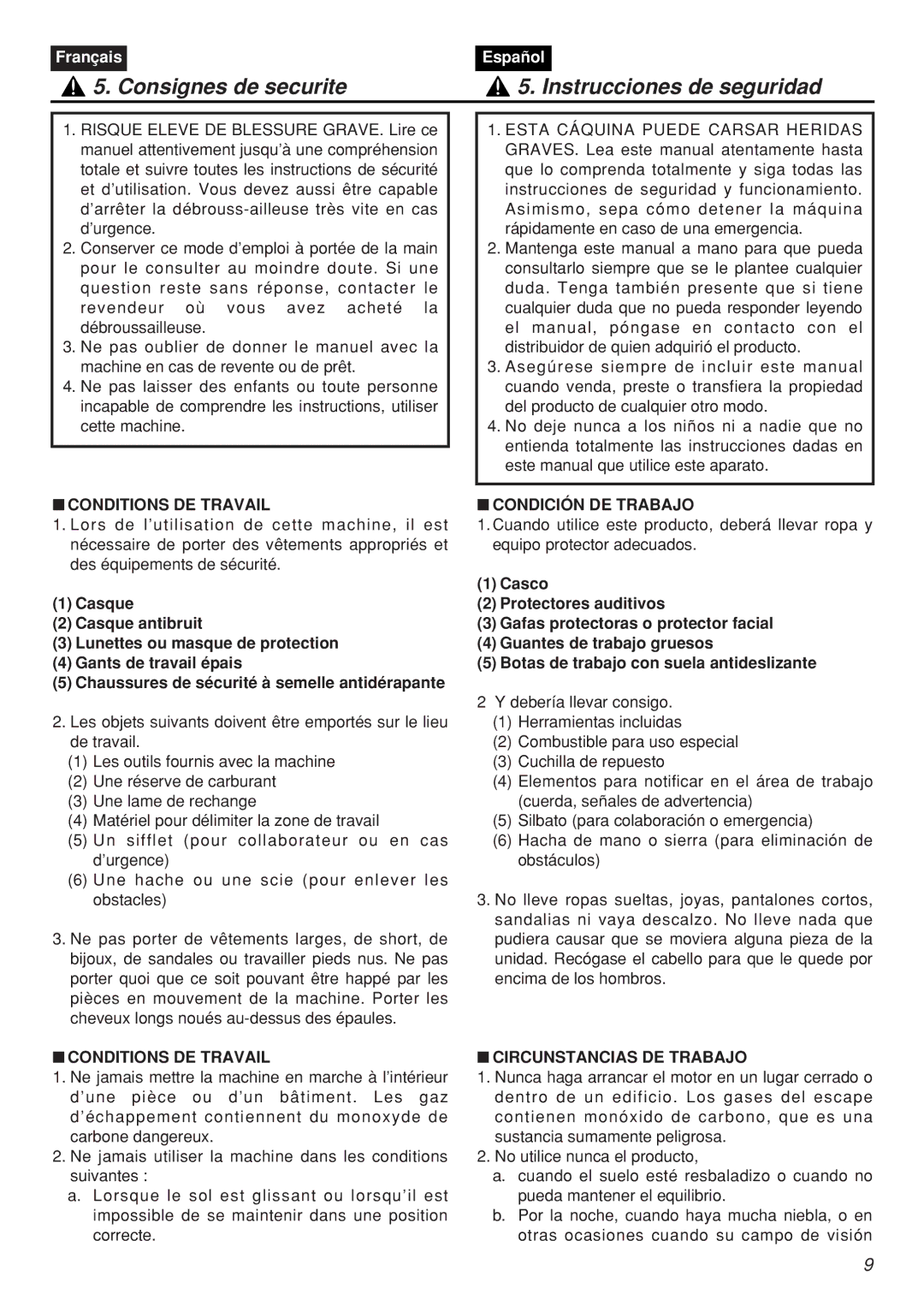 Zenoah CHTZ2401L-CA, CHTZ2401-CA manual Conditions DE Travail, Condición DE Trabajo, Circunstancias DE Trabajo 