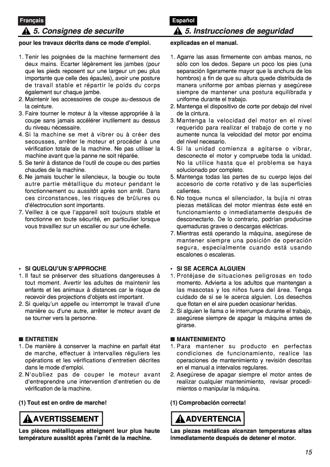 Zenoah HTZ2401L-CA pour les travaux décrits dans ce mode d’emploi, explicadas en el manual, Consignes de securite, Español 