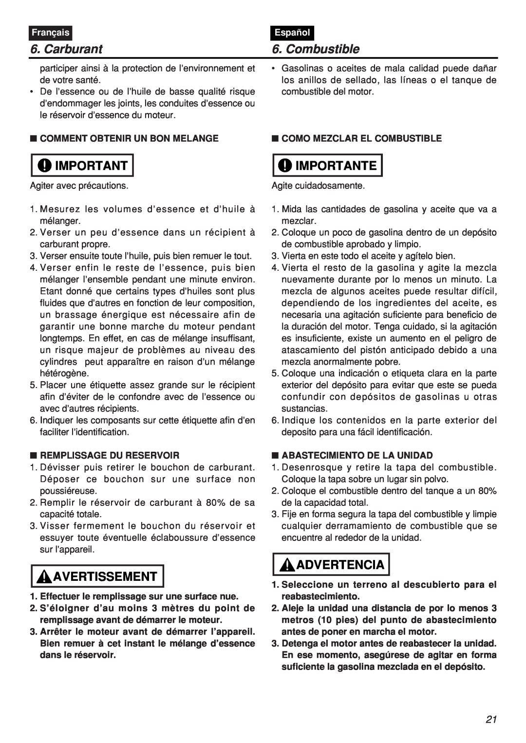 Zenoah CHTZ2401L-CA, CHTZ2401-CA manual Carburant, Combustible, Importante, Avertissement, Advertencia, Français, Español 