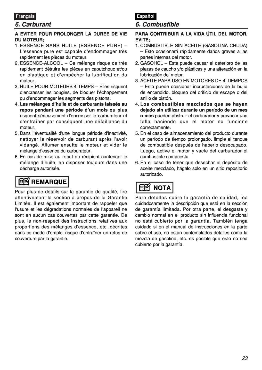 Zenoah CHTZ2401-CA, CHTZ2401L-CA manual Carburant, Combustible, Remarque, Nota, Français, Español 
