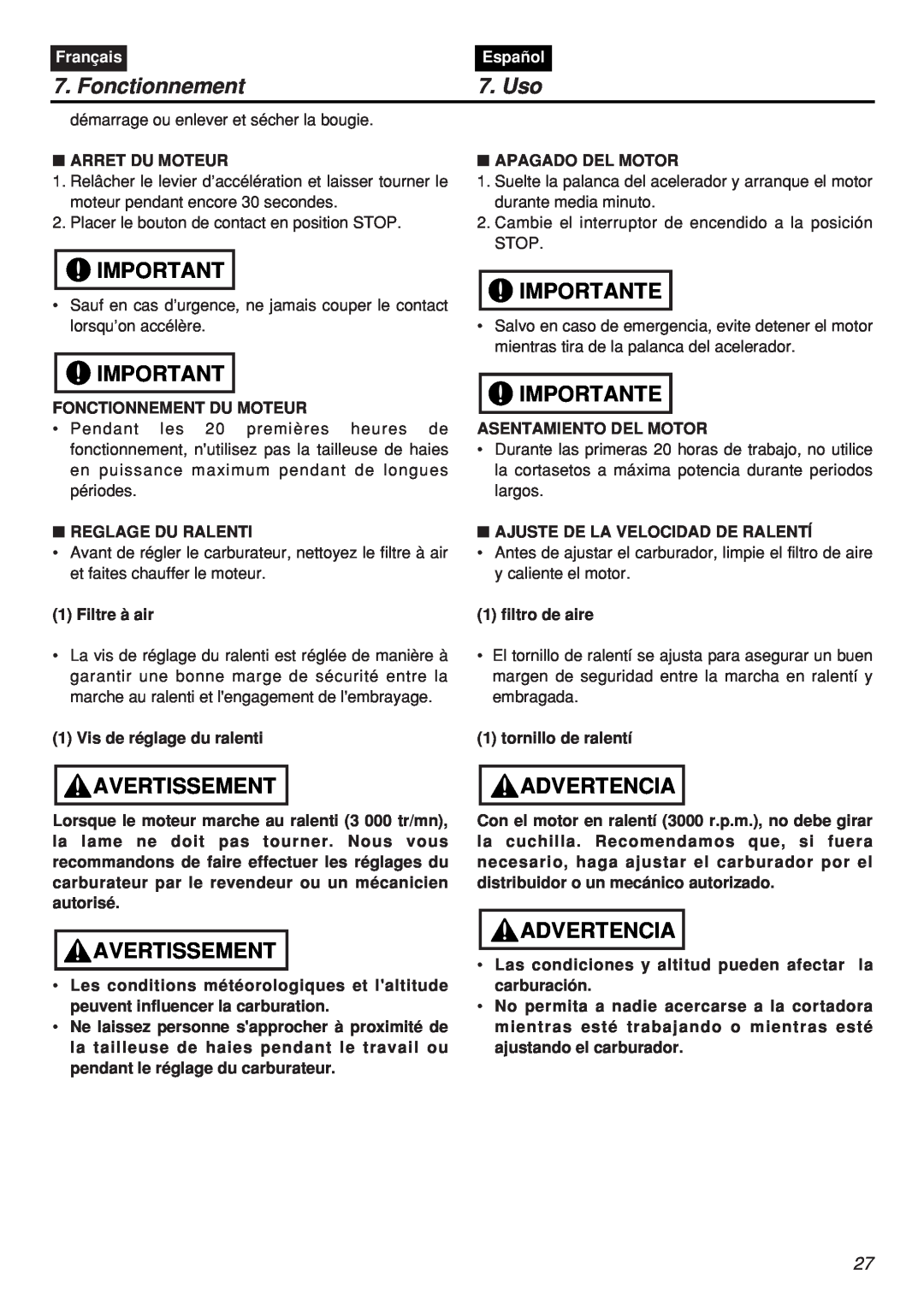 Zenoah CHTZ2401L-CA, CHTZ2401-CA manual Fonctionnement, Uso, Avertissement, Importante, Advertencia, Français, Español 