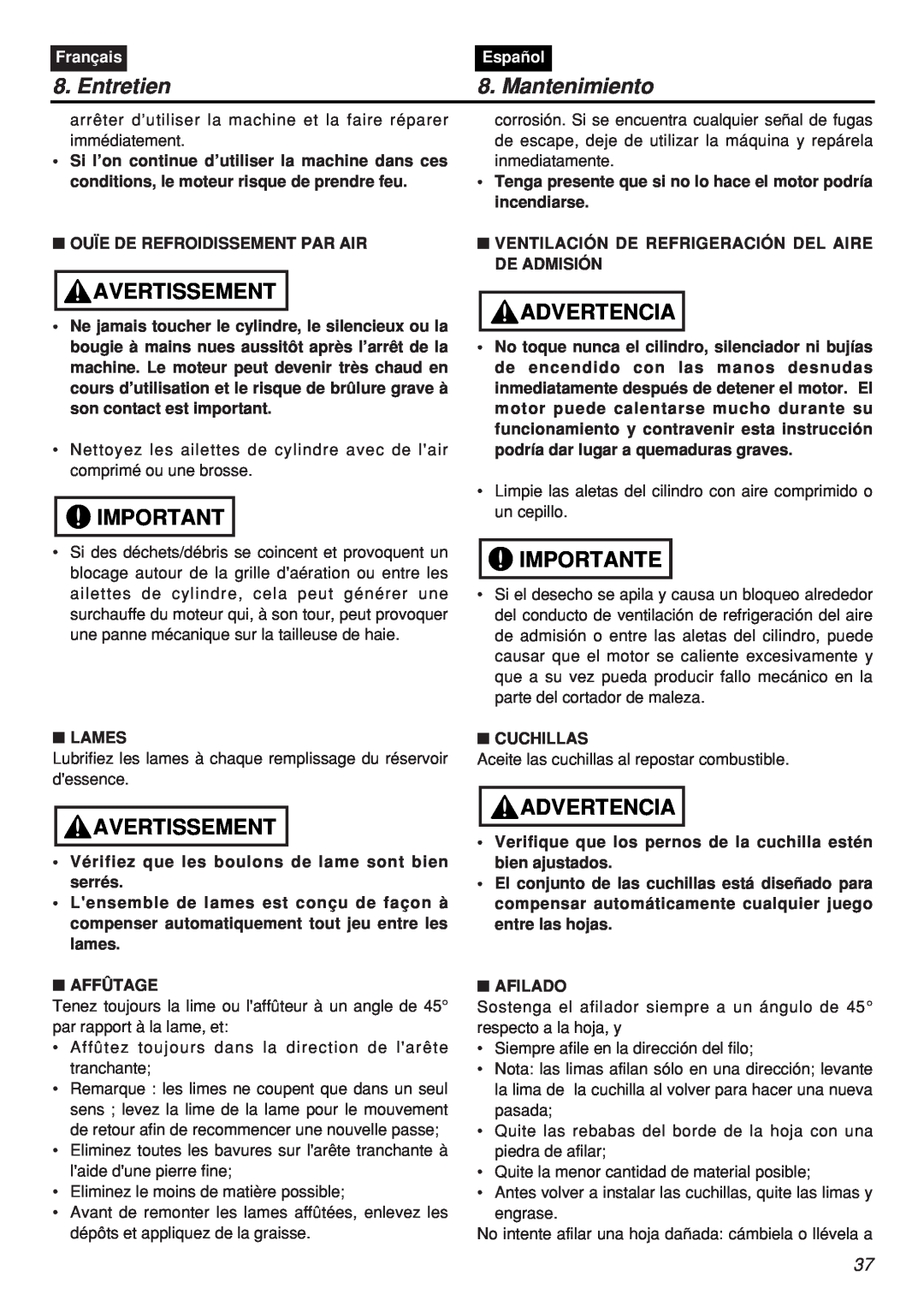 Zenoah CHTZ2401L-CA, CHTZ2401-CA manual Entretien, Mantenimiento, Avertissement, Advertencia, Importante, Français, Español 