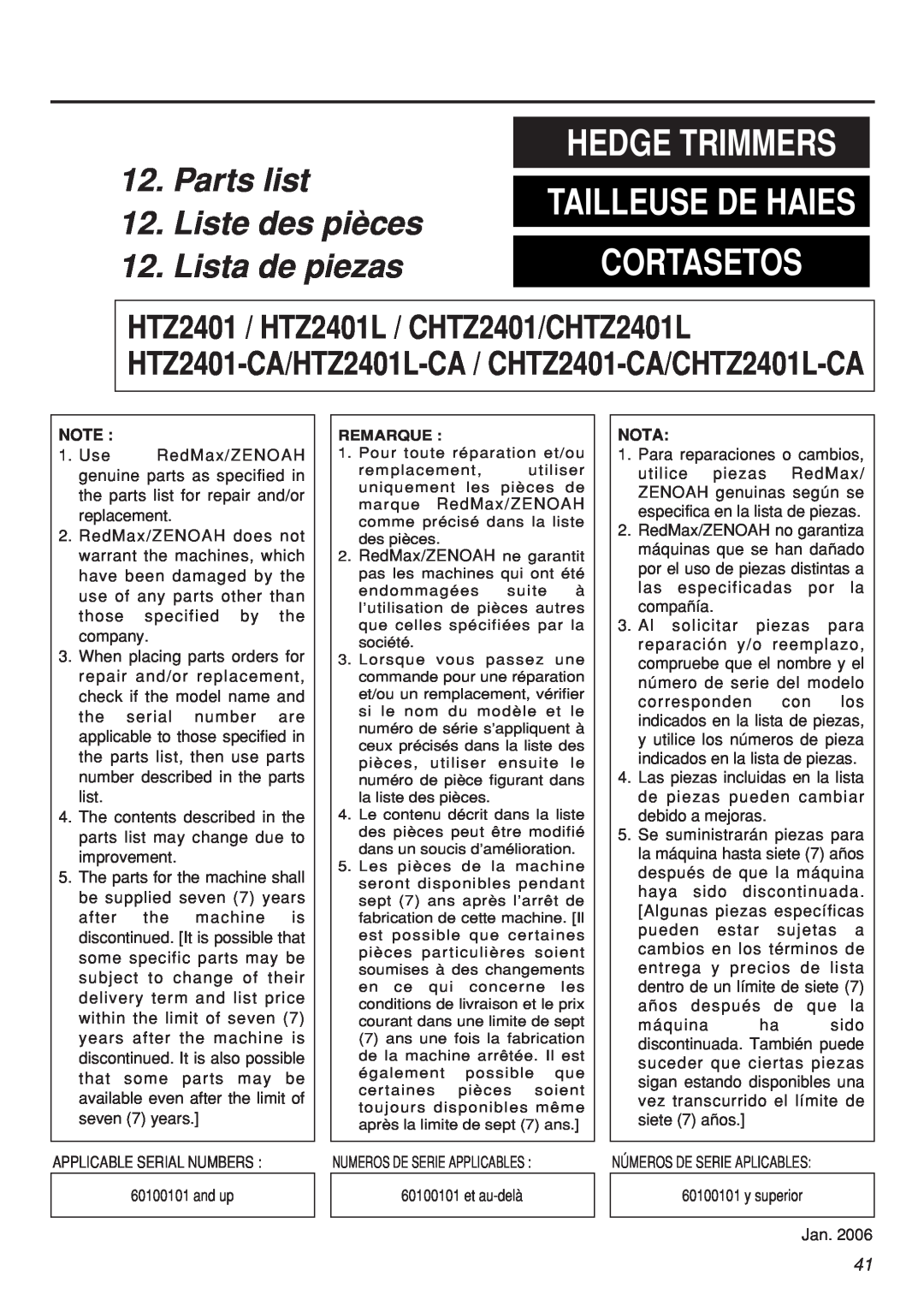 Zenoah CHTZ2401-CA Hedge Trimmers, Cortasetos, Parts list 12. Liste des pièces 12. Lista de piezas, Tailleuse De Haies 
