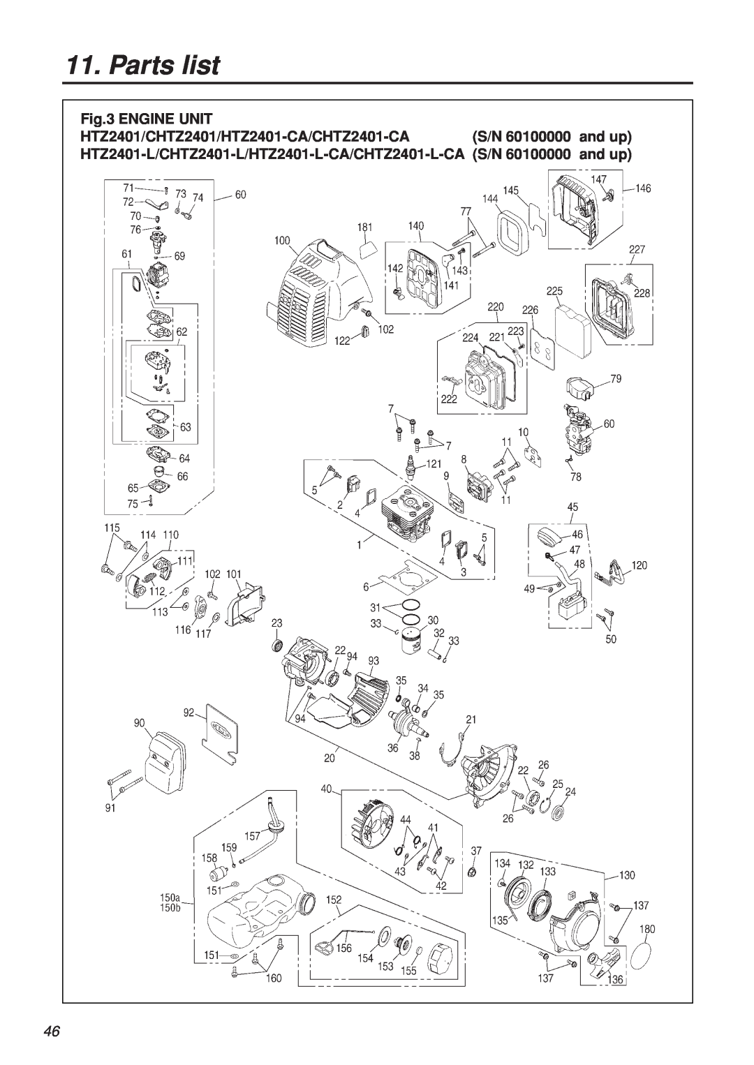 Zenoah CHTZ2401L-CA, CHTZ2401-CA manual Parts list, Engine Unit 