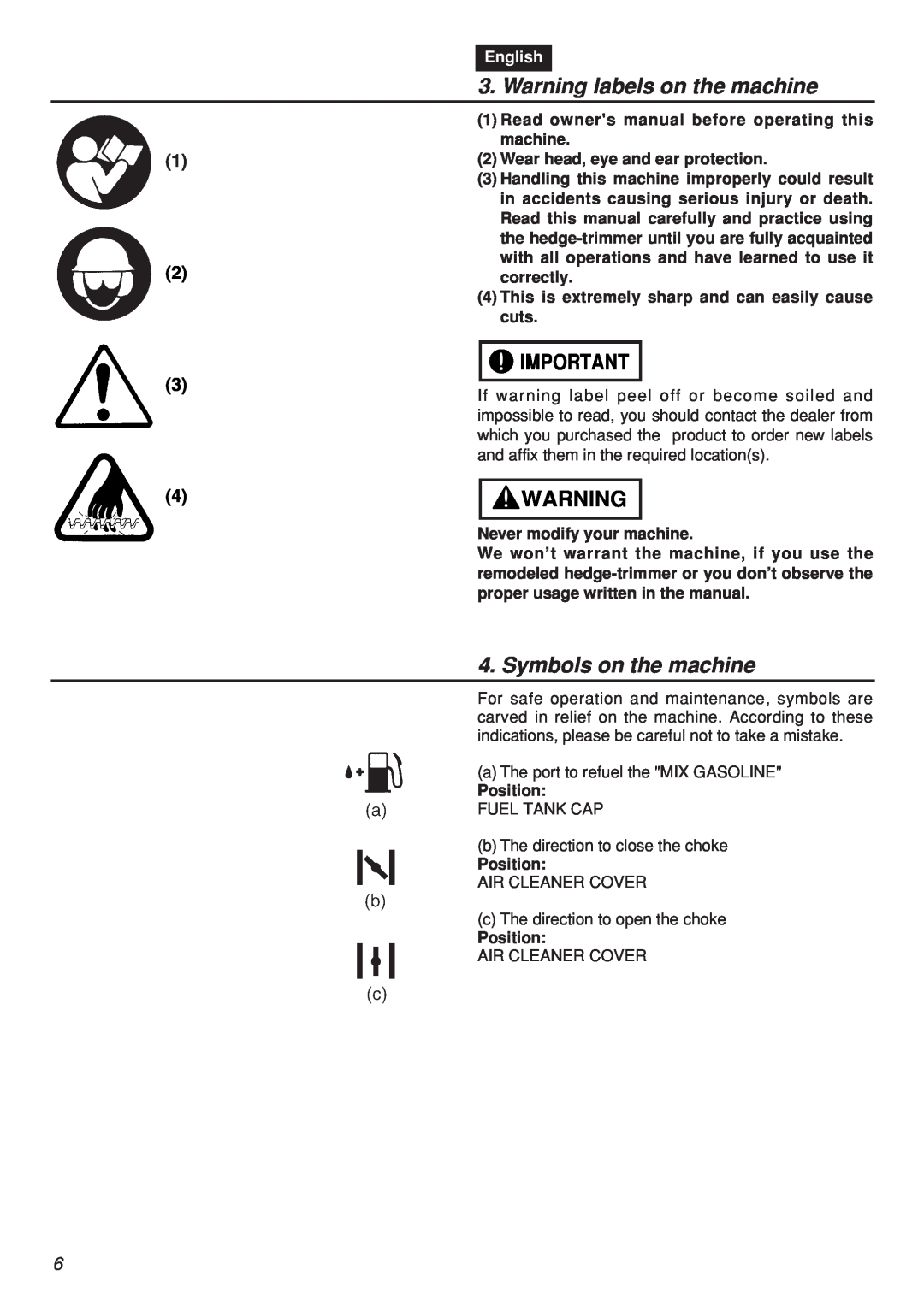 Zenoah HTZ2401L-CA Warning labels on the machine, Symbols on the machine, English, a The port to refuel the MIX GASOLINE 