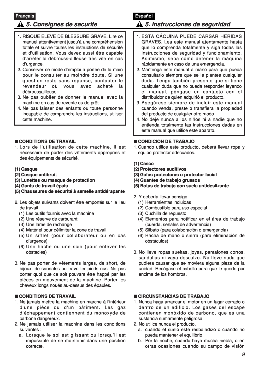 Zenoah CHTZ2401L-CA, CHTZ2401-CA manual Consignes de securite, Instrucciones de seguridad, Français, Español 