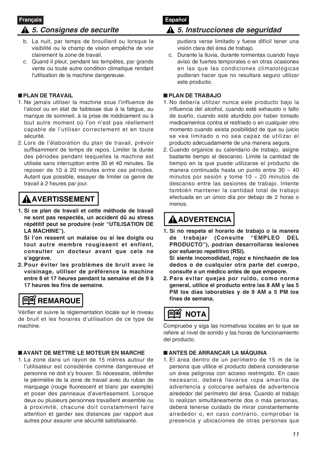 Zenoah HTZ2401-CA Plan DE Travail, Avant DE Mettre LE Moteur EN Marche, Plan DE Trabajo, Antes DE Arrancar LA Máquina 