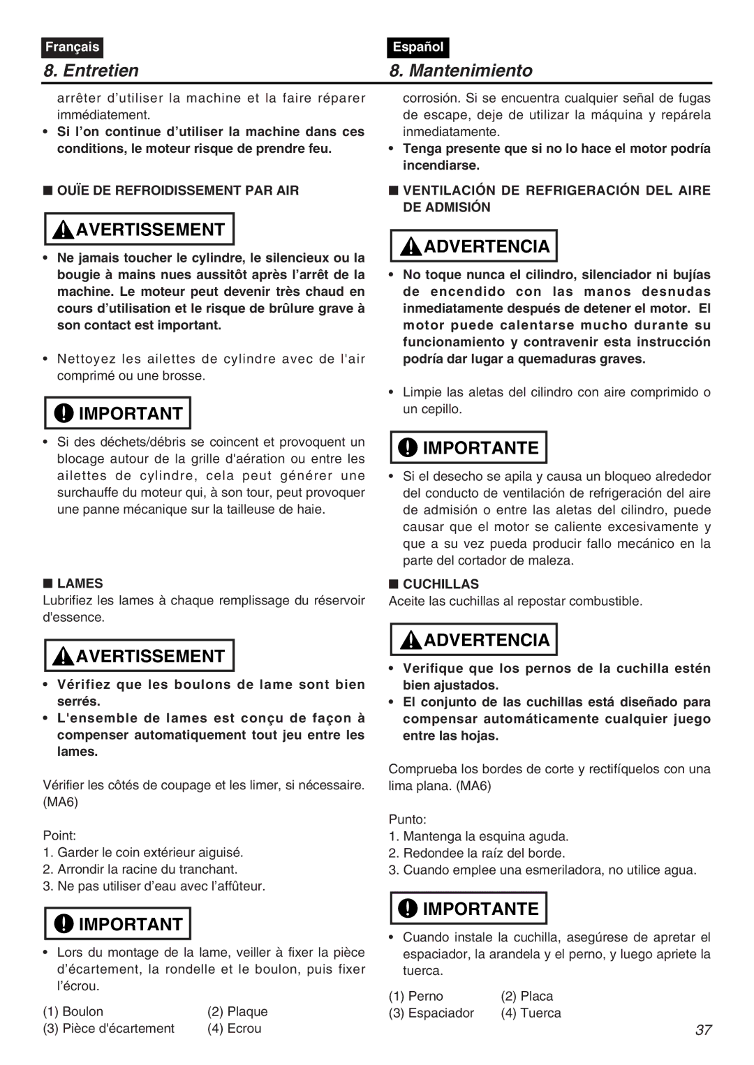 Zenoah HTZ2401 manual Ouïe DE Refroidissement PAR AIR, Lames, Ventilación DE Refrigeración DEL Aire DE Admisión, Cuchillas 