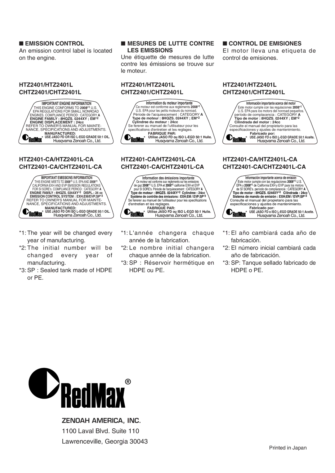 Zenoah manual Emission Control, Mesures DE Lutte Contre LES Emissions, Control DE Emisiones, CHTZ2401-CA/CHTZ2401L-CA 