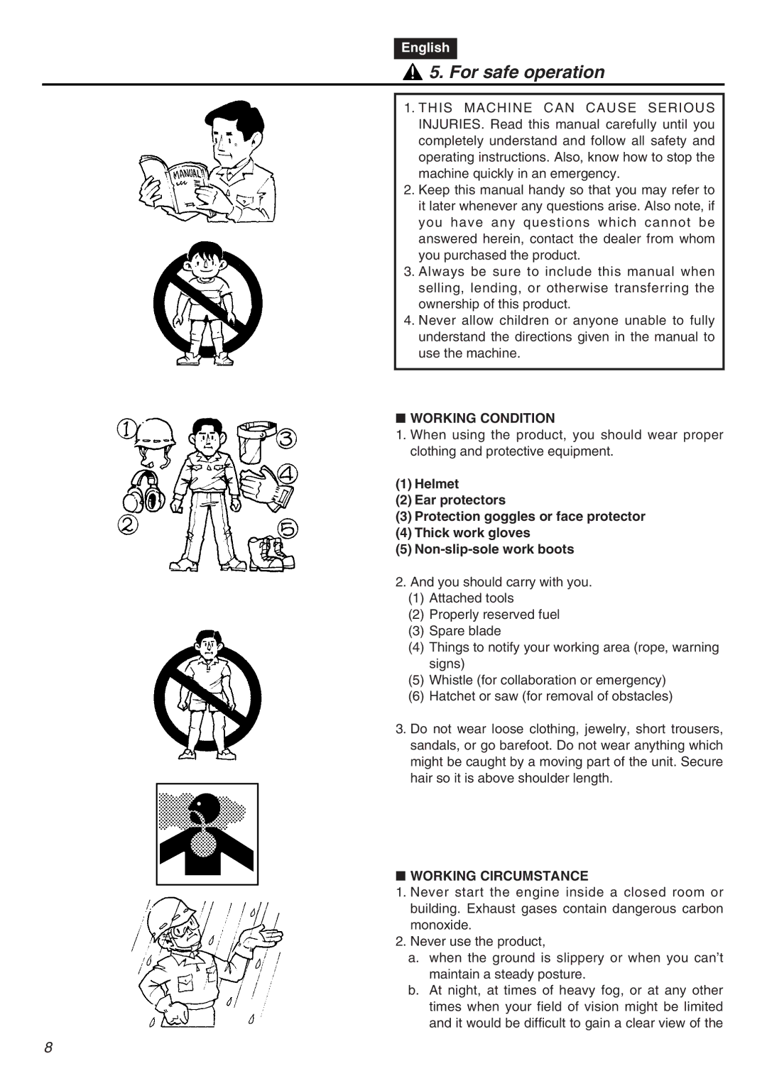 Zenoah HTZ2401-CA, CHTZ2401L manual For safe operation, Working Condition, Working Circumstance 