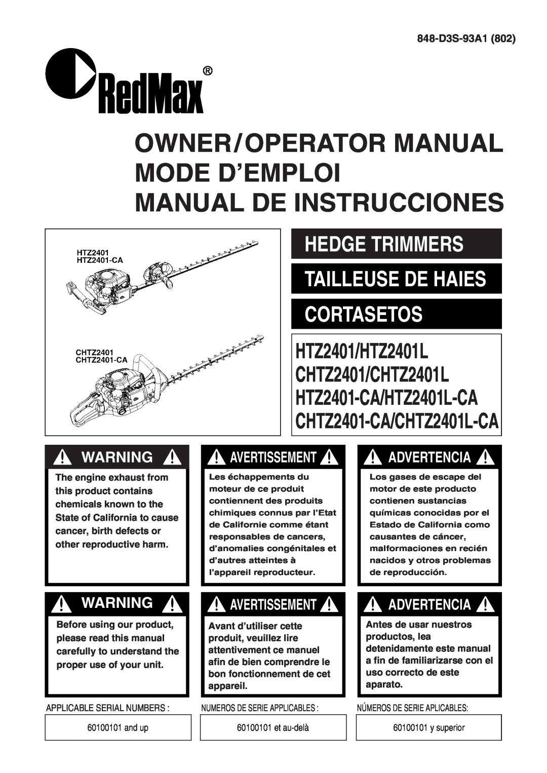 Zenoah HTZ2401-CA, HTZ2401L manual Hedge Trimmers Tailleuse De Haies Cortasetos, 848-D3S-93A1802, Manual De Instrucciones 