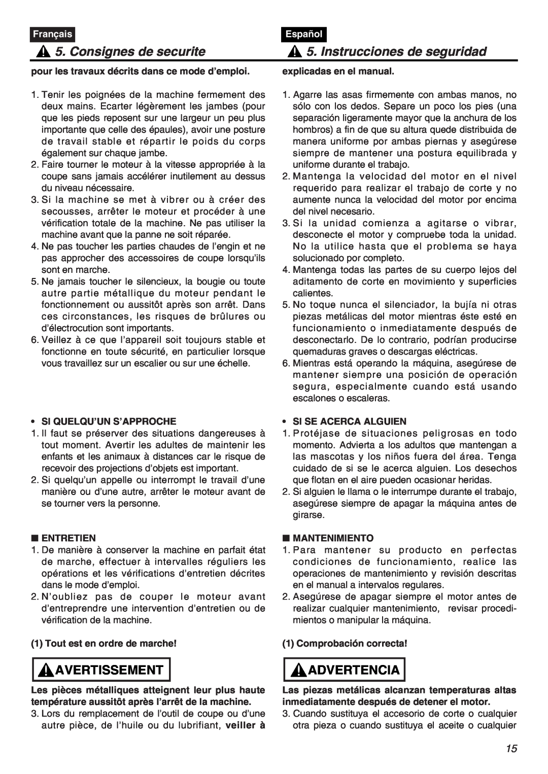 Zenoah HTZ2401L pour les travaux décrits dans ce mode d’emploi, explicadas en el manual, Consignes de securite, Français 