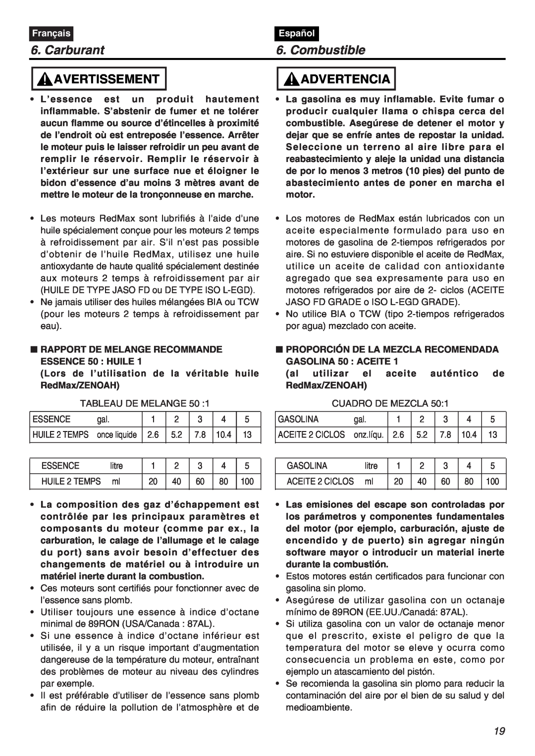 Zenoah CHTZ2401L, HTZ2401-CA manual Carburant, Combustible, Avertissement, Advertencia, Français, Español 