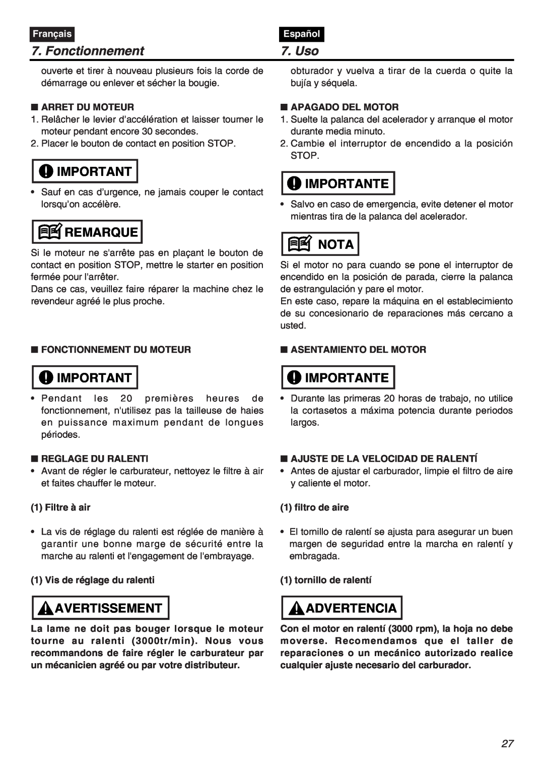 Zenoah HTZ2401L manual Fonctionnement, Uso, Remarque, Avertissement, Importante, Nota, Advertencia, Français, Español 