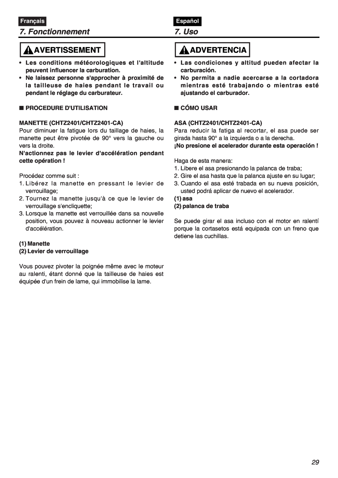 Zenoah CHTZ2401L, HTZ2401-CA manual Fonctionnement, Uso, Avertissement, Advertencia, Français, Español 