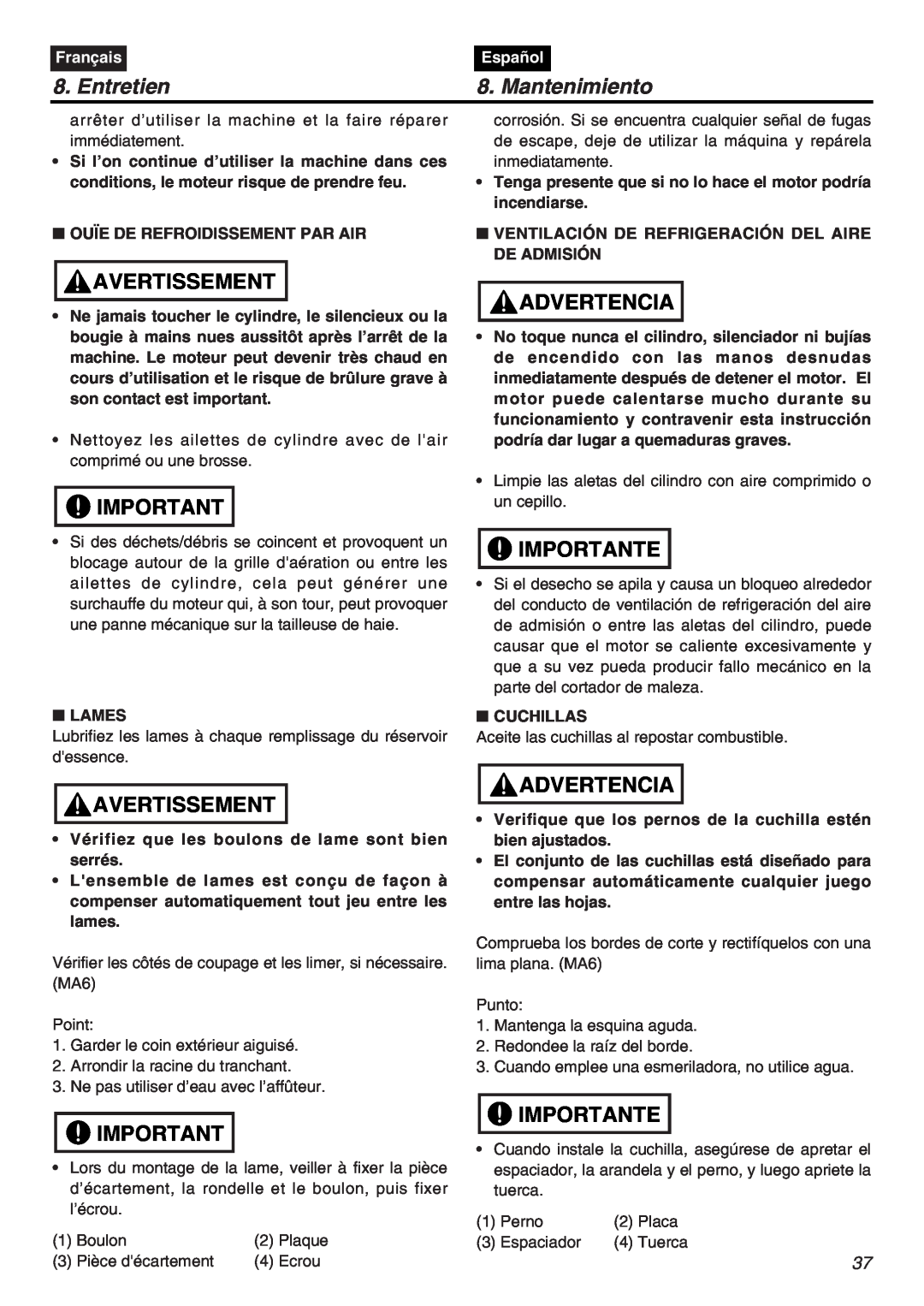 Zenoah HTZ2401L, HTZ2401-CA manual Entretien, Mantenimiento, Avertissement, Advertencia, Importante, Français, Español 