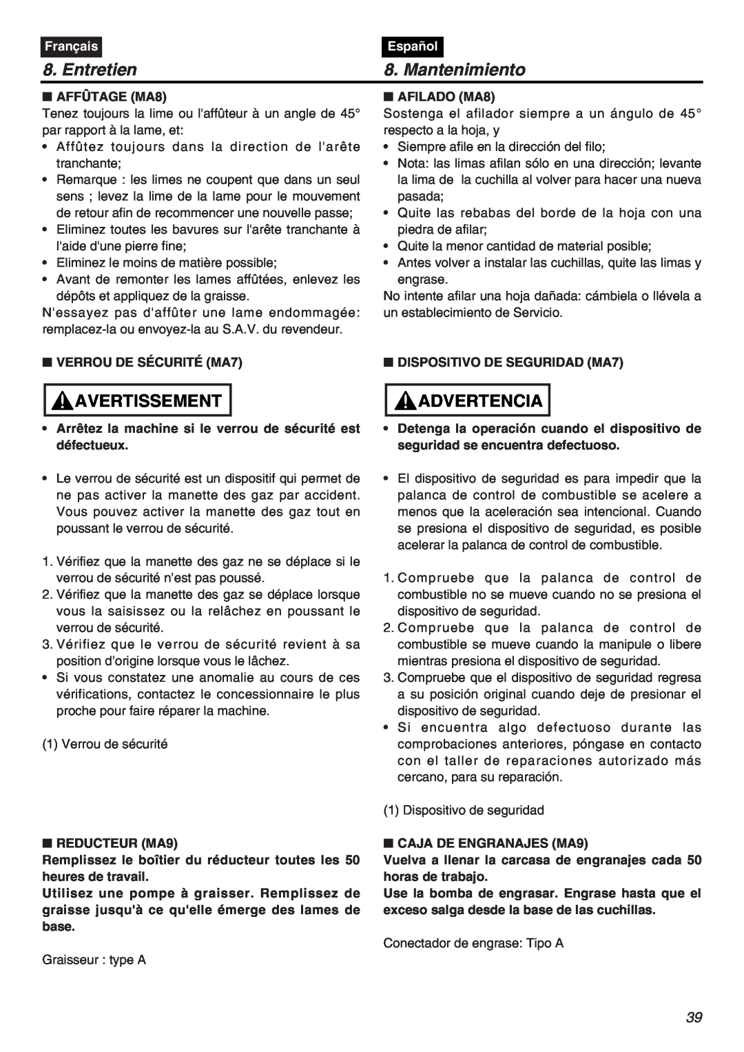 Zenoah CHTZ2401L, HTZ2401-CA manual Entretien, Mantenimiento, Avertissement, Advertencia, Français, Español 