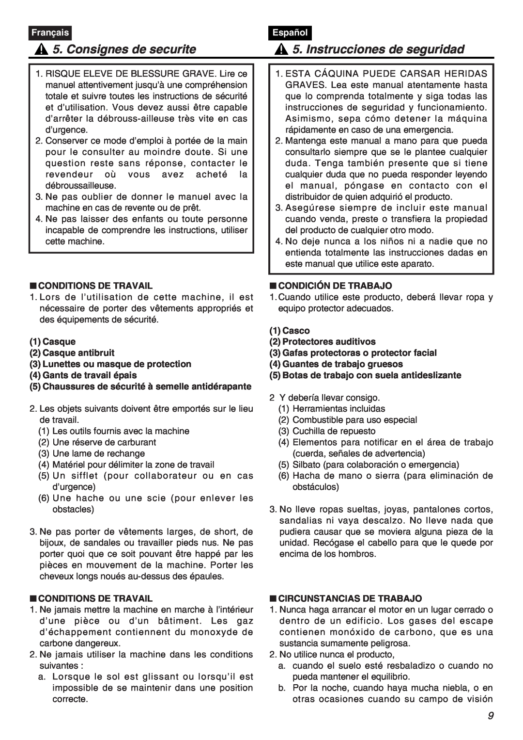 Zenoah CHTZ2401L, HTZ2401-CA manual Consignes de securite, Instrucciones de seguridad, Français, Español 