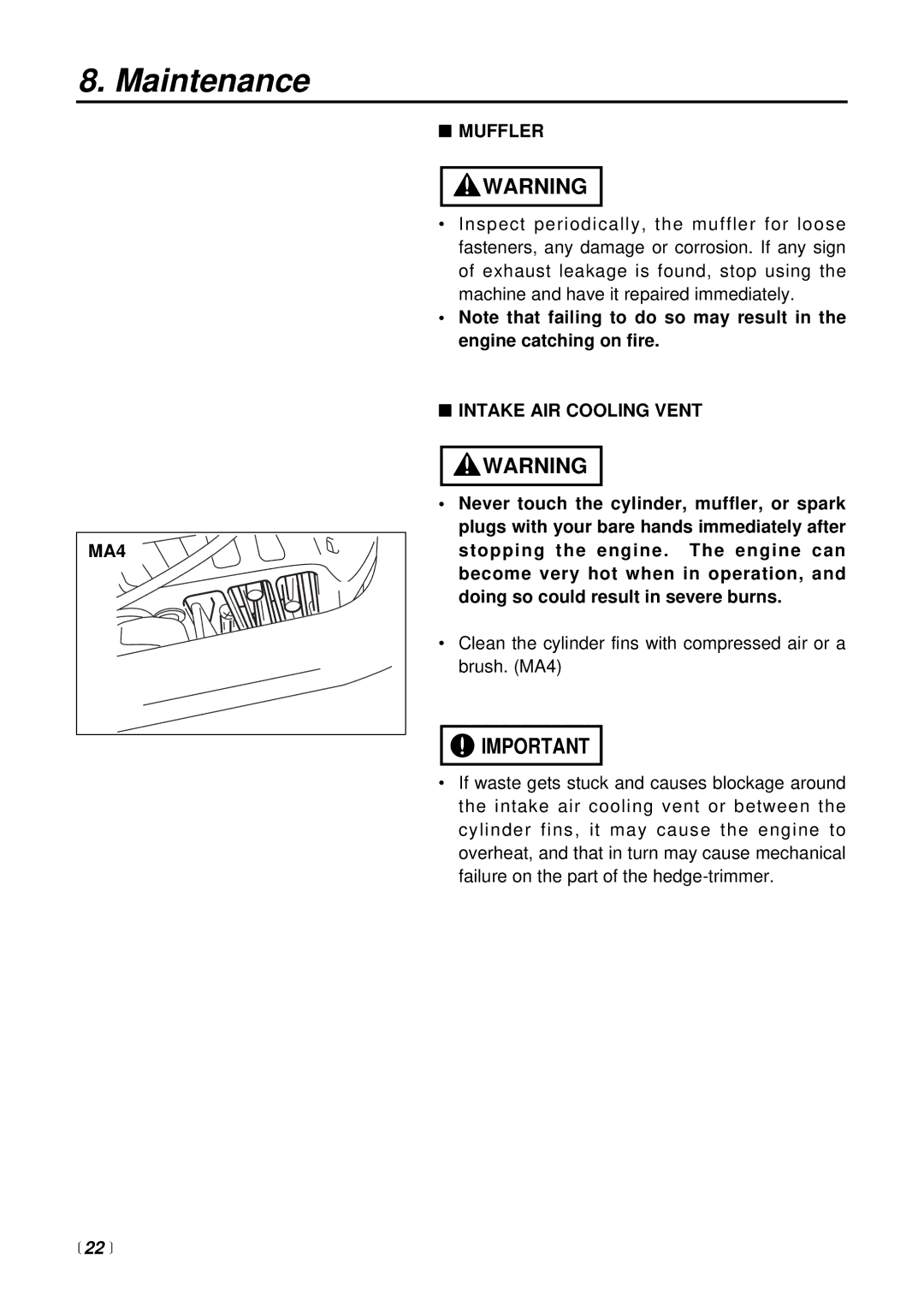 Zenoah CHTZ2500 manual MA4 Muffler, Intake AIR Cooling Vent,  22  