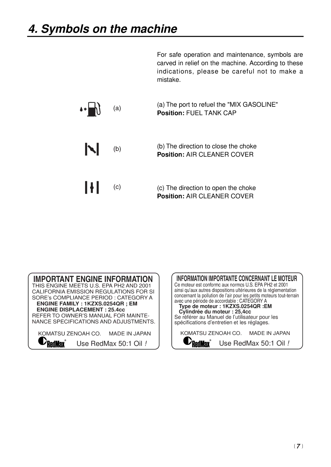 Zenoah CHTZ2500 manual Symbols on the machine,  7  