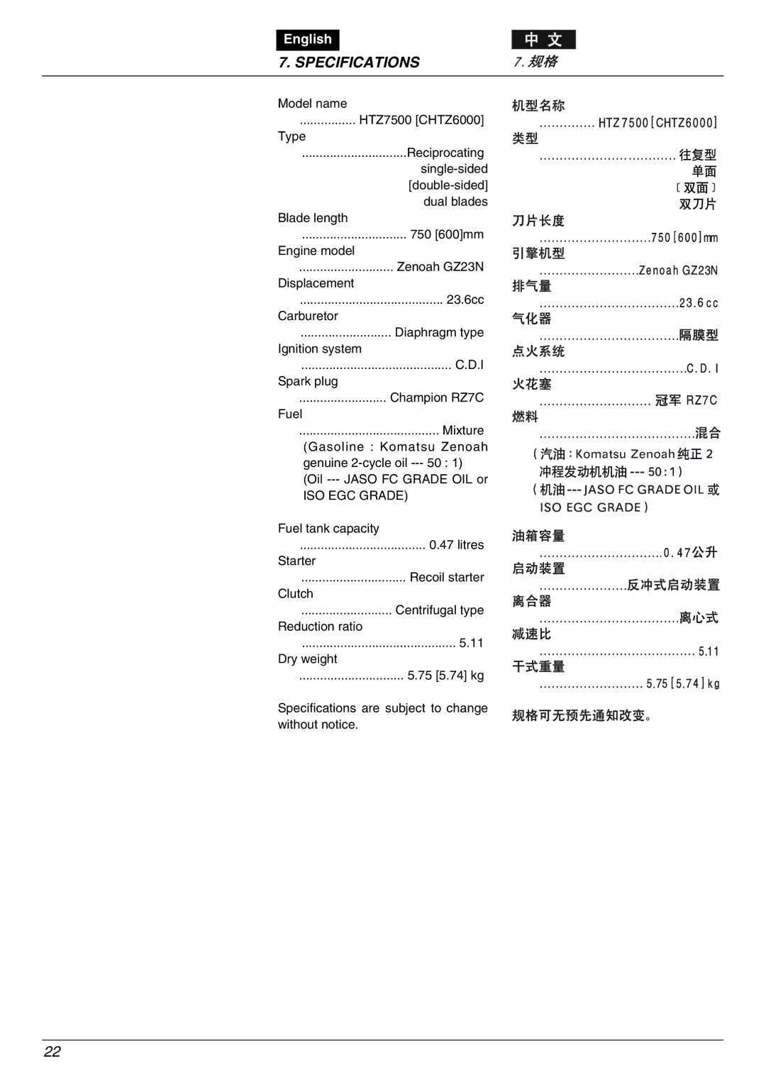 Zenoah CHTZ7500, CHTZ6000 owner manual Specifications, ISO EGC Grade 