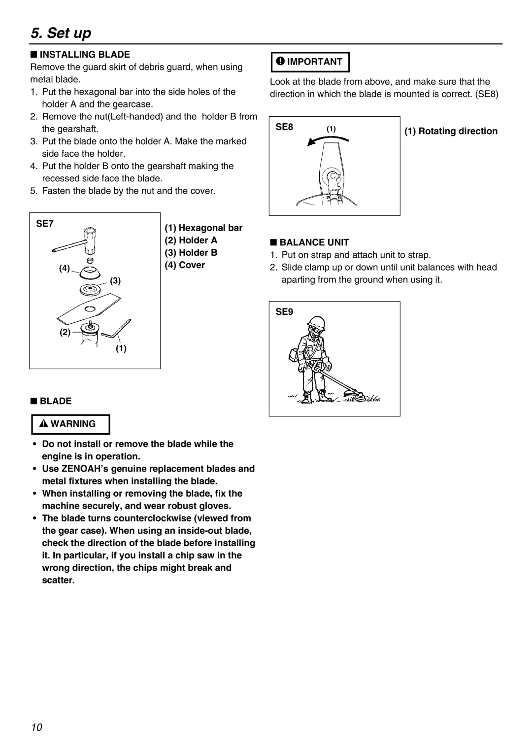 Zenoah KAM-402 owner manual Installing Blade, SE8, SE7 Blade, Balance Unit, SE9 