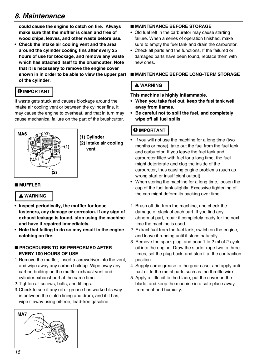 Zenoah KAM-402 owner manual MA6, Muffler Maintenance Before Storage, Maintenance Before LONG-TERM Storage, MA7 