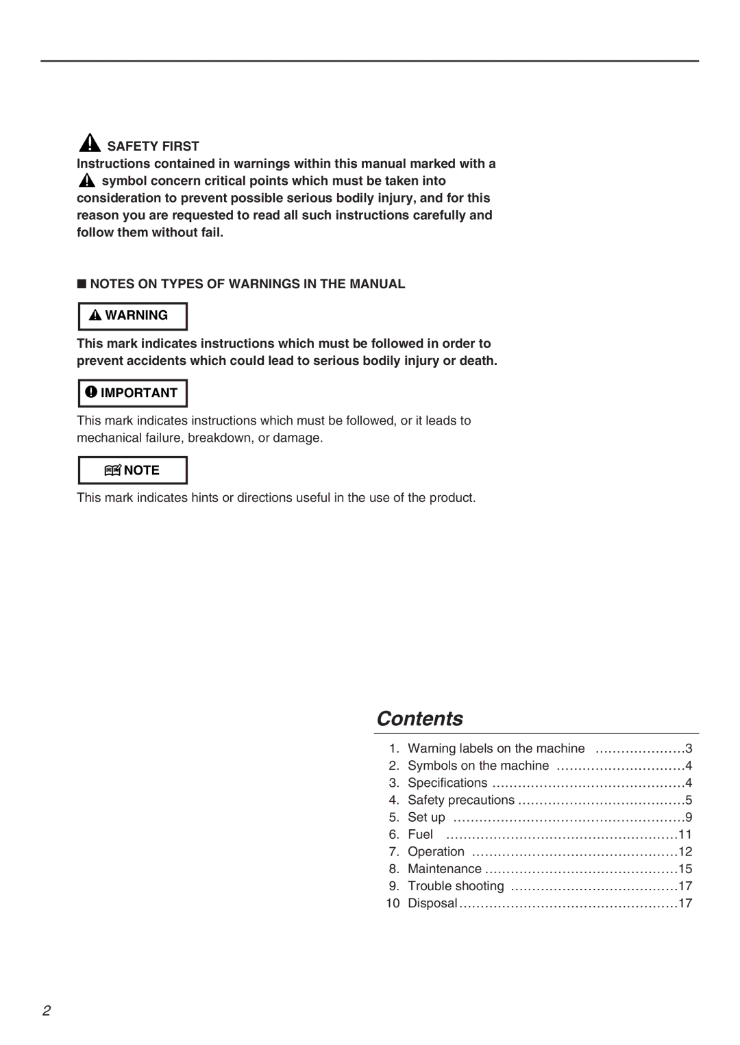 Zenoah KAM-402 owner manual Contents 