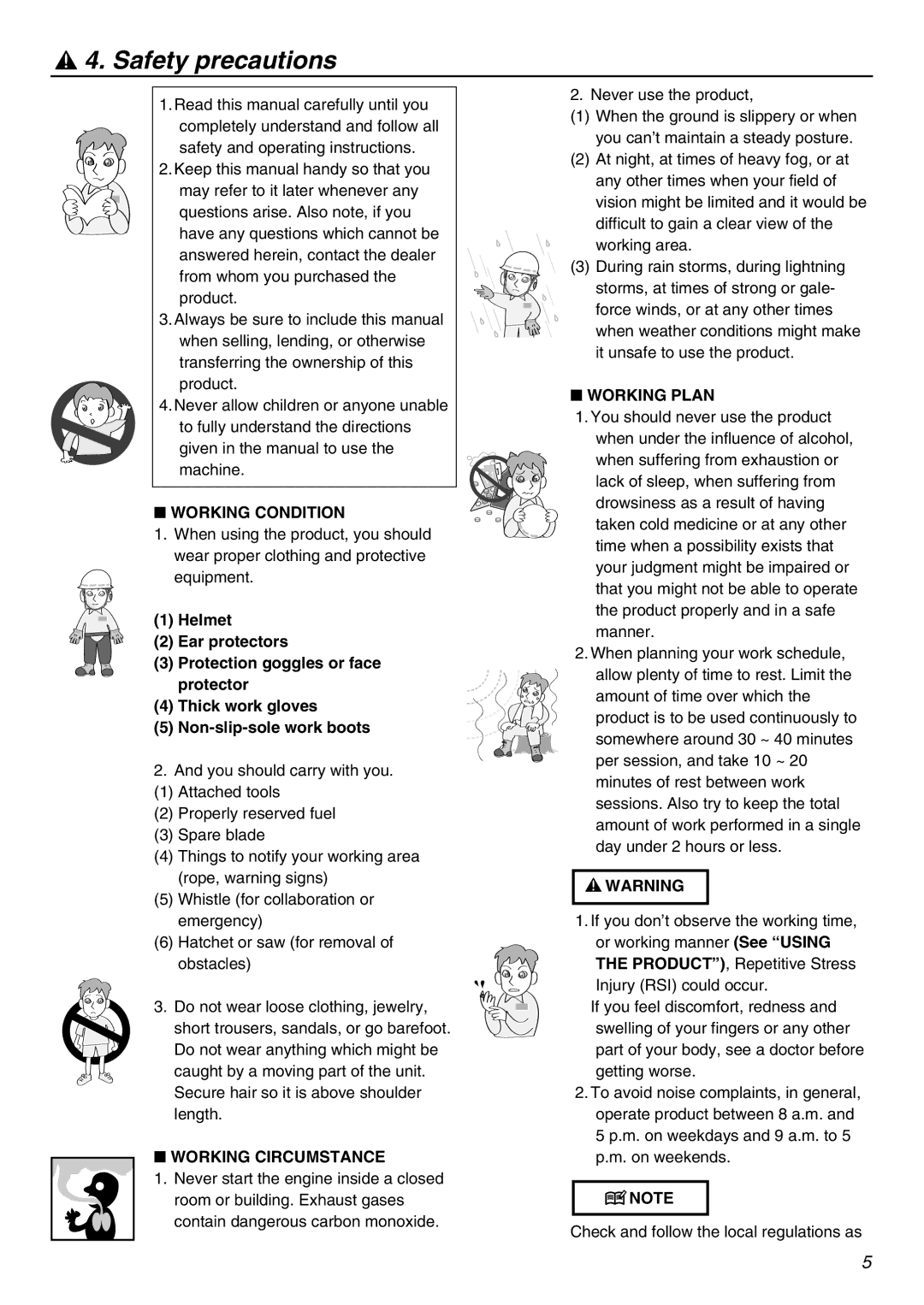 Zenoah KAM-402 owner manual Safety precautions, Working Condition, Working Circumstance, Working Plan 